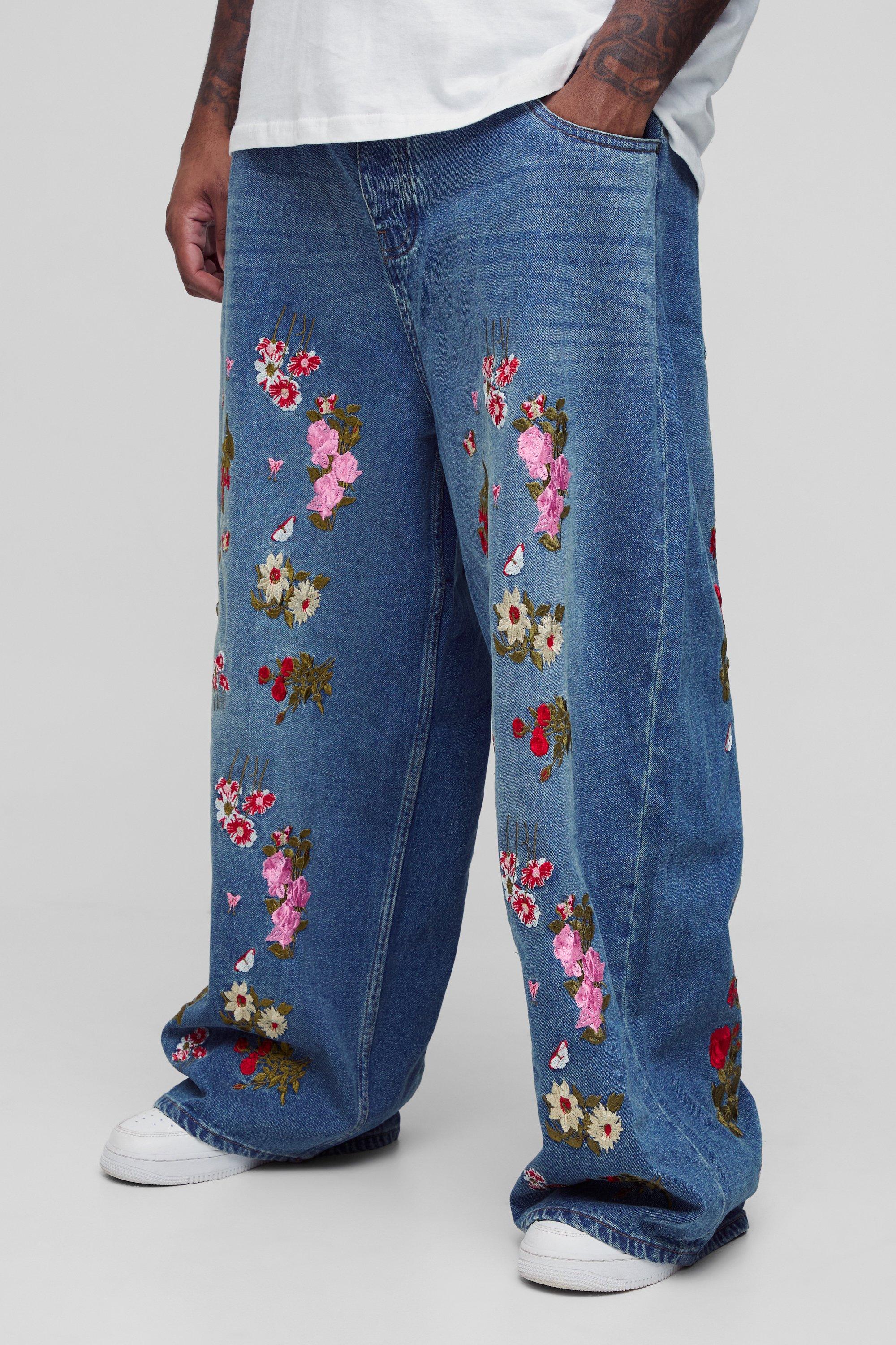 Mens Blue Plus Baggy Fit Floral Embroidered Jeans, Blue